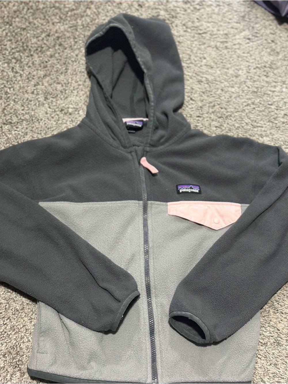 Patagonia Kids Dark Charcoal & Light Gray Fleece Hoodie with Pink Accent